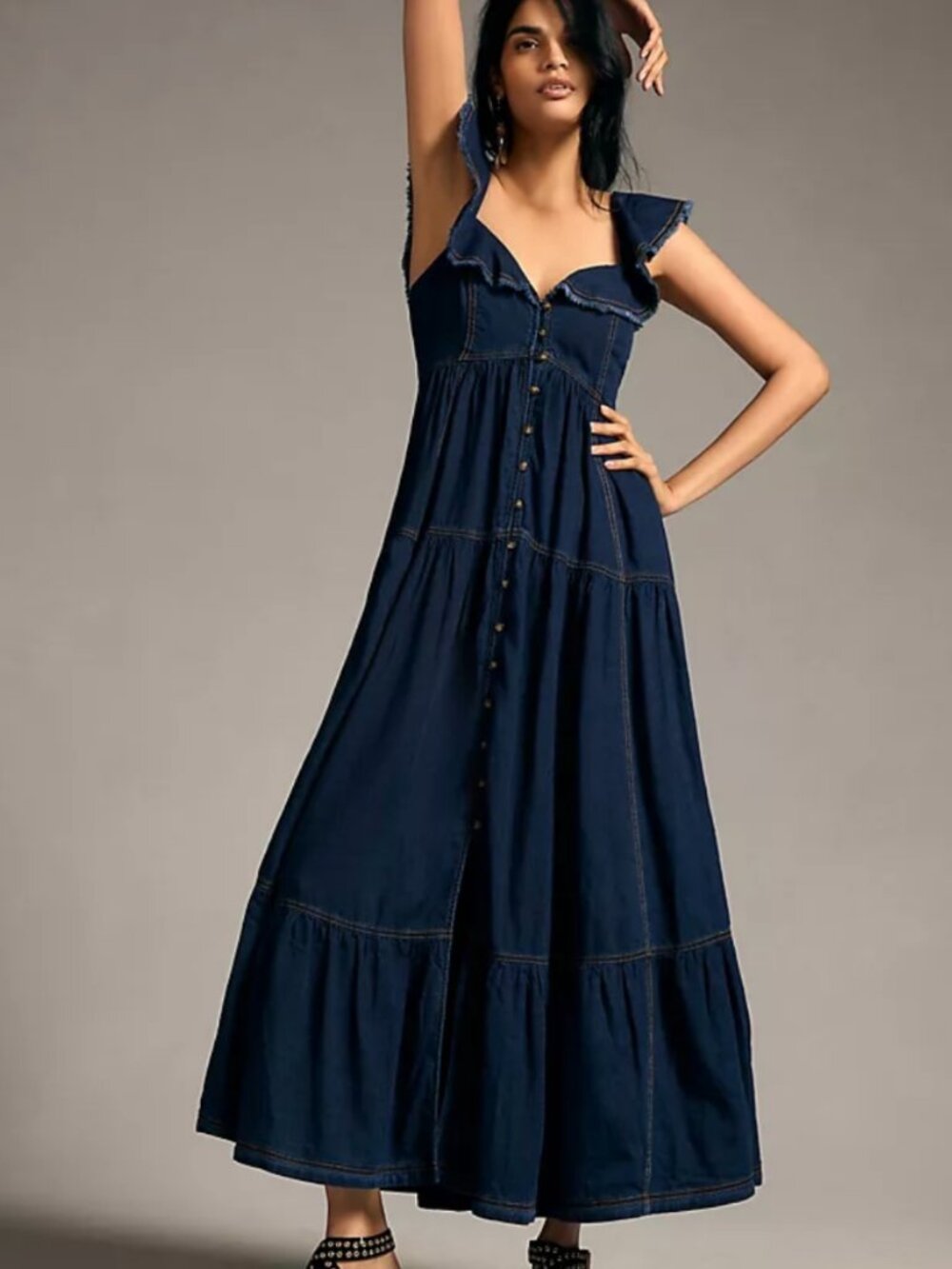 Anthropologie Pilcro Navy Denim Button-Front Ruffle Maxi Dress